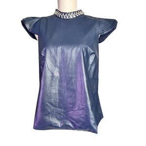 Item #A044 For Her NYC Royal Blue Faux Leather Top – Embellished Collar Size M